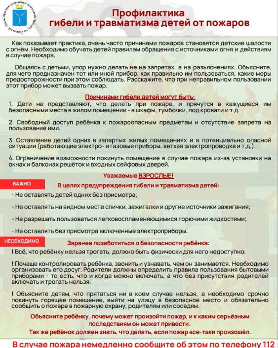 Памятка по профилактике гибели и травматизма детей от пожаров.